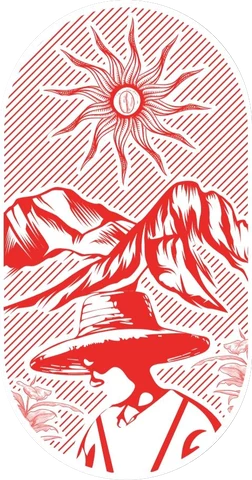 2°N Coffee Co. logo: a sun with a coffee bean, mountains and a coffee grower in a hat